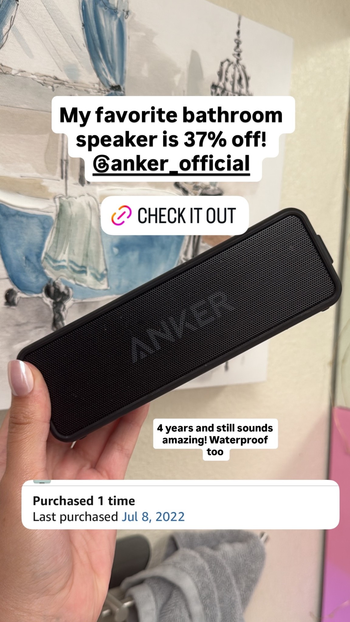 My favorite bathroom speaker is 37% off! @anker_official  4 years and still sounds amazing! Waterproof too