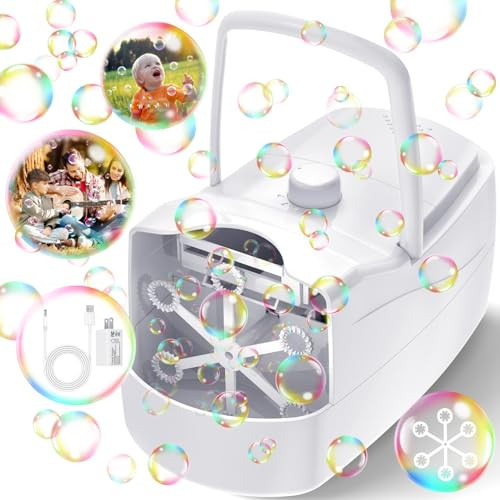 Bubble Machine, Automatic 18000+ Per Minute Big Bubbles Blower Maker for Kids Toddlers with 2 Speeds,6 Wands,Operated by Plugin or Batteries for Outdoor/Indoor Birthday Parties,Wedding (White) | Amazon (US)