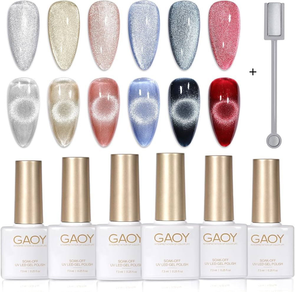GAOY Holographic Glitter Cat Eye Gel Polish Set of 6 Colors with Free Magnet UV LED Soak Off Nail... | Amazon (US)
