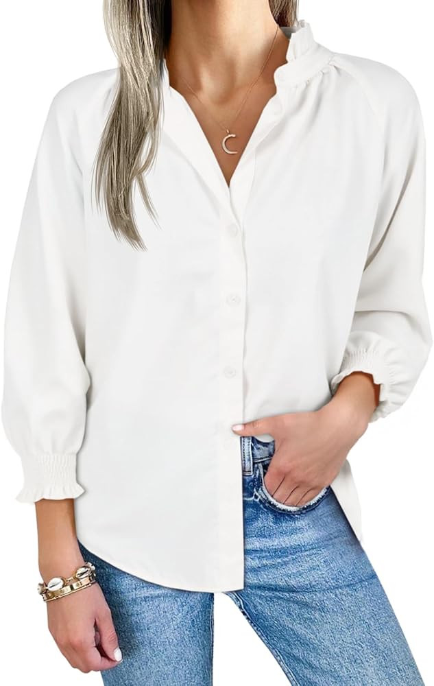 Cicy Bell Womens Button Down Shirts 3/4 Smocked Sleeve Blouse Dressy Casual Ruffle Neck Shirred T... | Amazon (US)