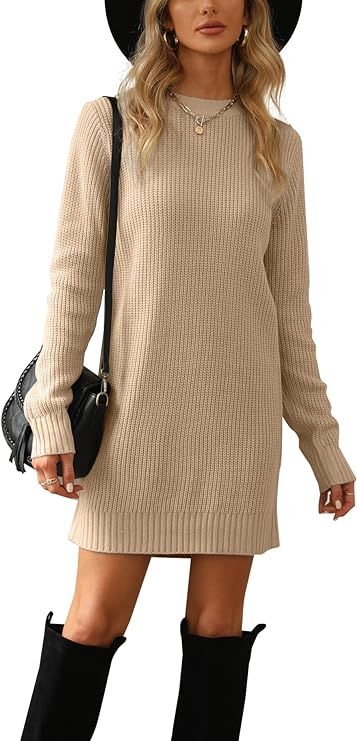 Pretifeel Womens Sweater Dress Fall Winter Casual Crew Neck Long Sleeve Knitted Pullover Dress | Amazon (US)