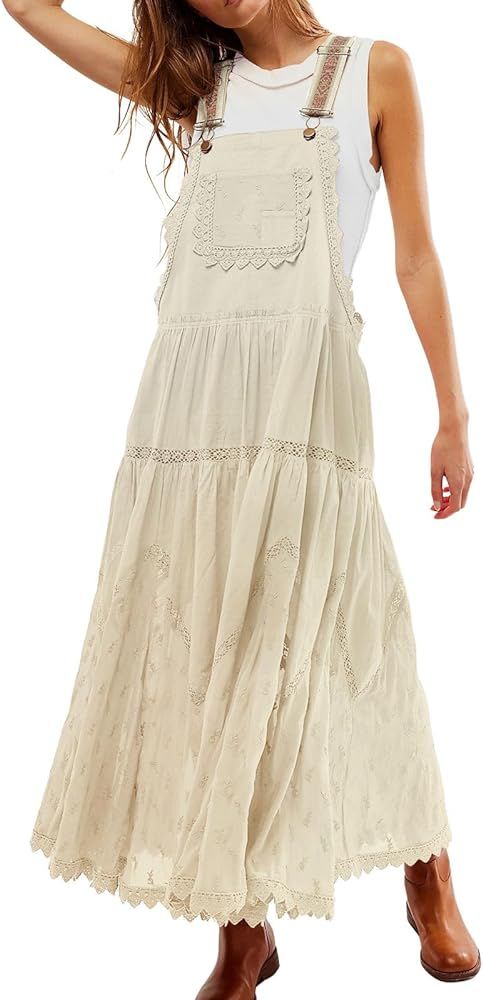 CHARTOU Women Bib Overall Dress Jumper Babydoll Pinafore Dress Embroidered Lace Maternity Straps ... | Amazon (US)