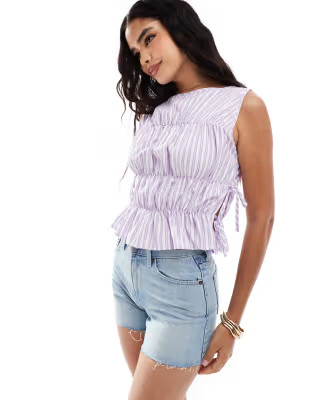 COLLUSION poplin shirred tank top with tie side in lilac stripe | ASOS (Global)