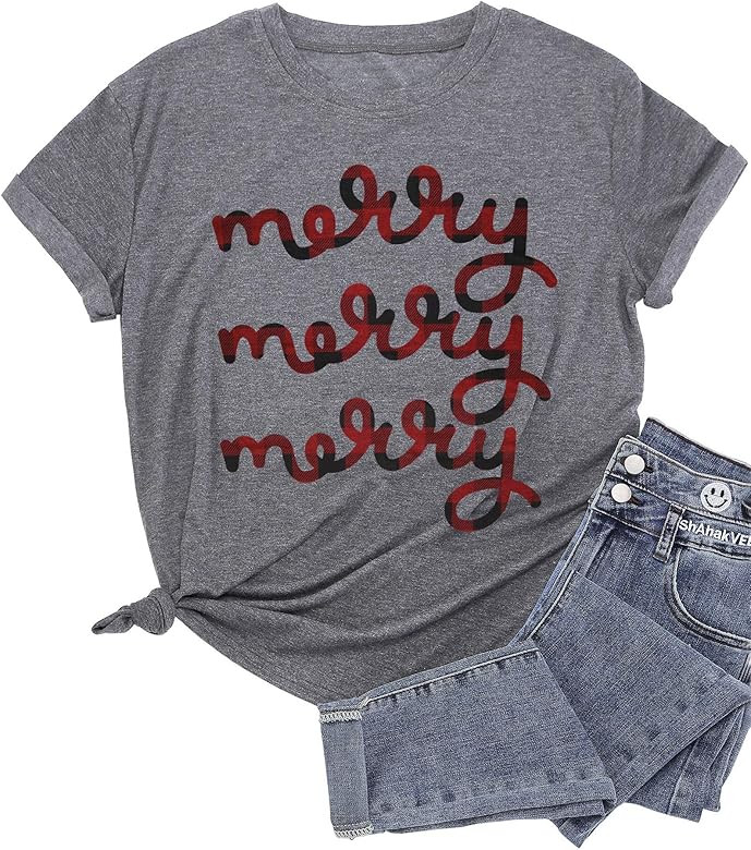 Christmas Shirts Womens Merry and Bright Shirt Xmas Holiday Tshirt Christmas Lights Tee Tops | Amazon (US)