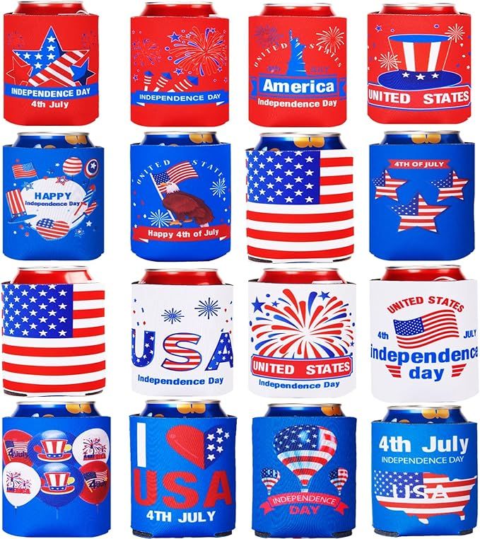 4th of July Decorations 16 PCs Can Cooler Sleeves Red White Blue Decorations for Independence Day... | Amazon (US)