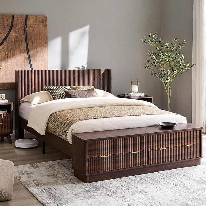 T4TREAM Fluted Queen Size Bed Frame with Wingback Headboard, Footboard Storage Bench with Built-i... | Amazon (US)