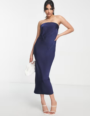 ASOS DESIGN satin bandeau midi dress with cowl back in navy | ASOS (Global)