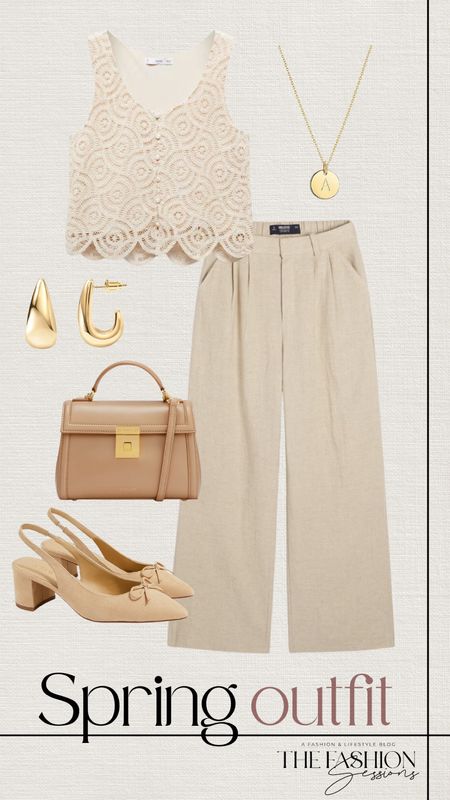 Spring Outfit | Linen pants | Neutral Spring Outfit Ideas | Women's Outfit | Fashion Over 40 | Forties I Pumps | Gold | Work Fashion | Blouse | Workwear | Accessories | The Fashion Sessions | Tracy

#LTKover40 #LTKstyletip #LTKworkwear