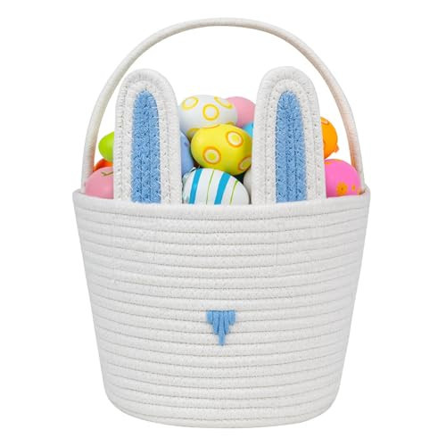 CubesLand Easter Basket for Boys Girls Easter Bunny Basket with Rabbit Ears, Easter Egg Hunting Basket Easter Baskets for Children Kids Babies First Easter Gifts Blue White 9.8 x 7.8 x 7.8” | Amazon (US)