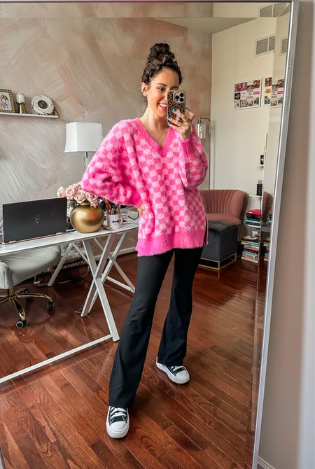 Comfy Valentine’s Day outfit idea — pink checkered sweater + black flare yoga pants 🖤 20% off with pink Lily discount code ERICA20 ✨ 

#LTKbump #LTKSeasonal #LTKunder50