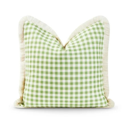 Hofdeco Premium Coastal Patio Indoor Outdoor Pillow Cover Only, 20"x20" Water Resistant for Backyard, Couch, Green Gingham Fringe | Walmart (US)