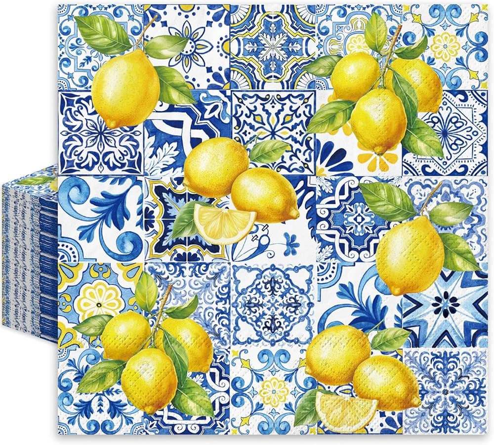 80Pcs Tiles Lemons Paper Napkins Blue Yellow Disposable Napkins Decorative Dinner Napkins Luncheo... | Amazon (US)