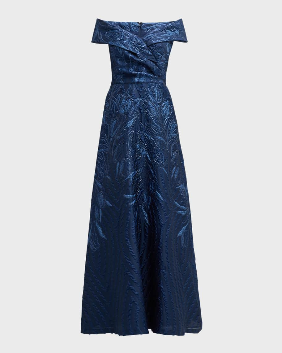Rickie Freeman for Teri Jon Off-Shoulder Metallic Jacquard Gown | Neiman Marcus