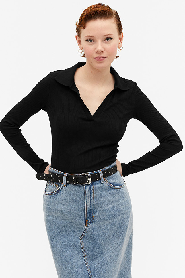 Ribbed black long sleeve polo top | Monki