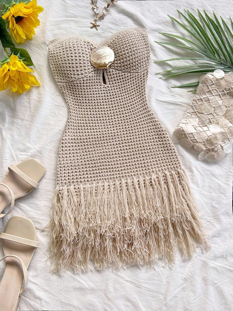 Soleia Women's Vacation Knit Textured Bodycon Halter Beaded Mesh Mini Dress, Sexy Party Date Beach Holiday Summer Outfit, Suitable For Holiday Date, Afternoon Tea, Wedding Season, Beach Cruise Vacation, City Road Trip Vacation, Boho Vacation, Music Festival,Fall | SHEIN