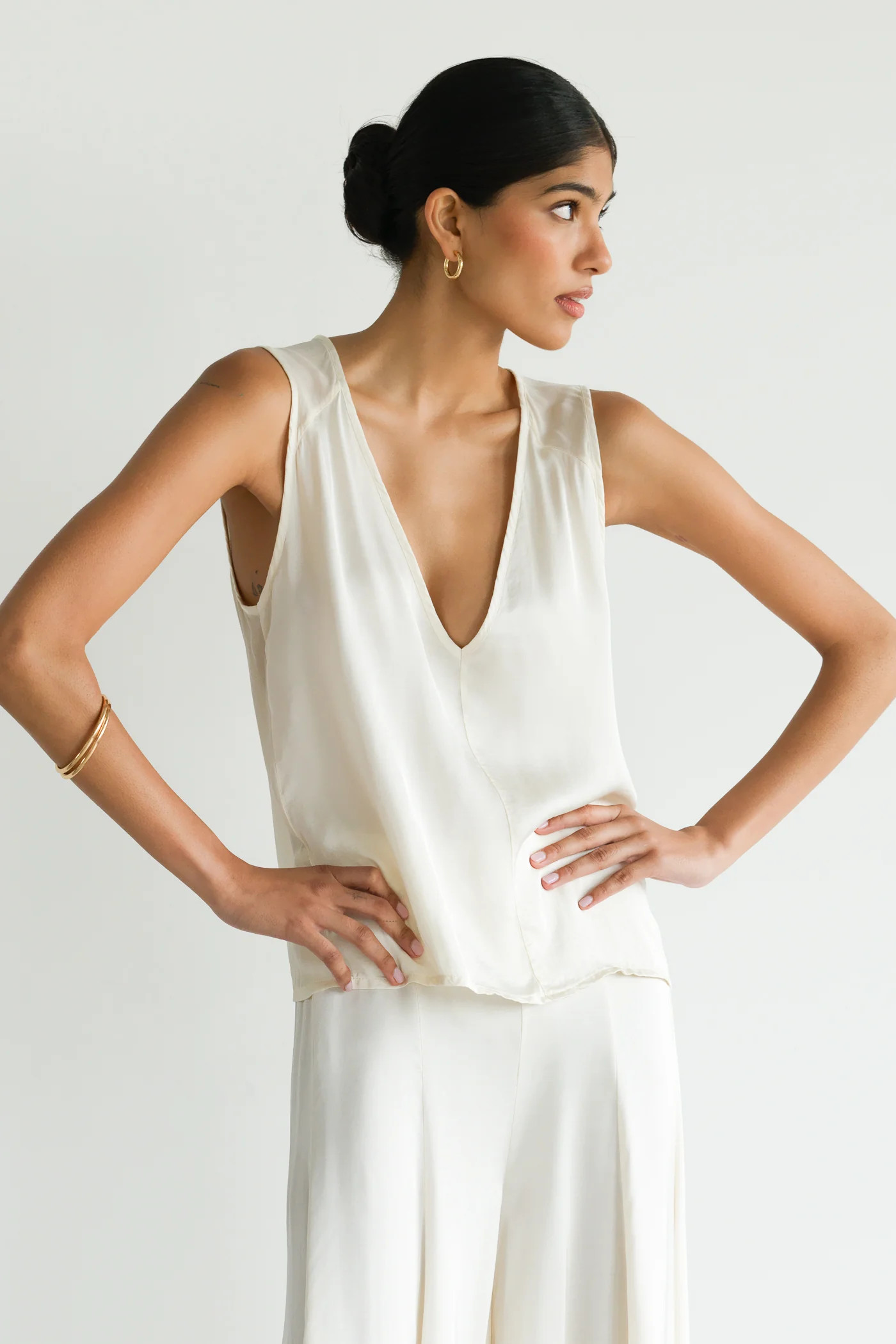 Gigi V Neck Sheer Back Satin Top | Ivory | JAKI