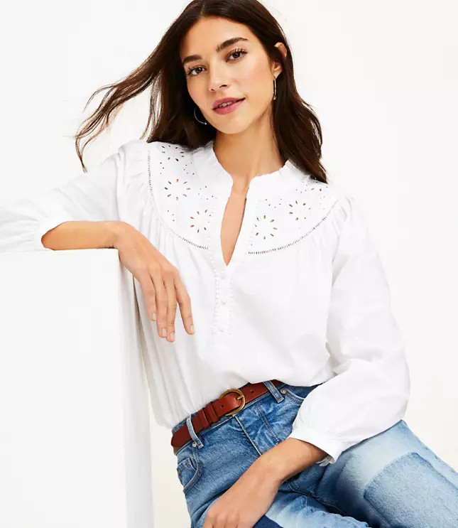 Embroidered Round Yoke Blouse | LOFT