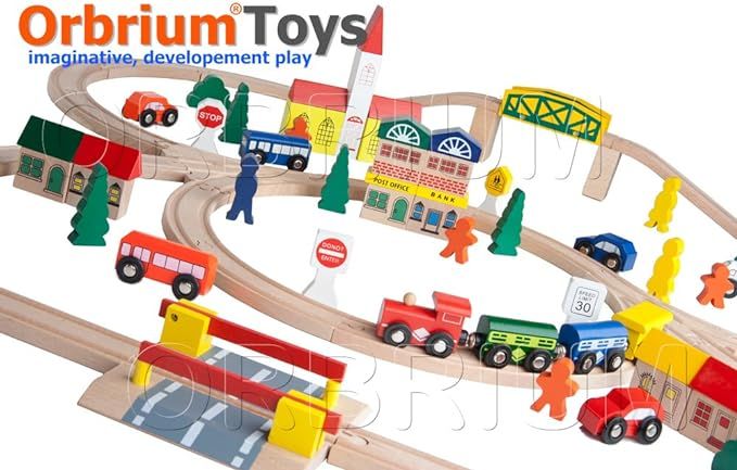 100-Piece Orbrium Toys Triple-Loop Wooden Train Set Fits Thomas Brio Chuggington | Amazon (US)