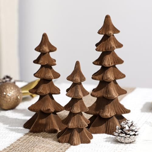 Newwiee 3 Pcs Christmas Velvet Trees Set Velvet Christmas Tree Cone Ceramics Flocked Modern Table... | Amazon (US)