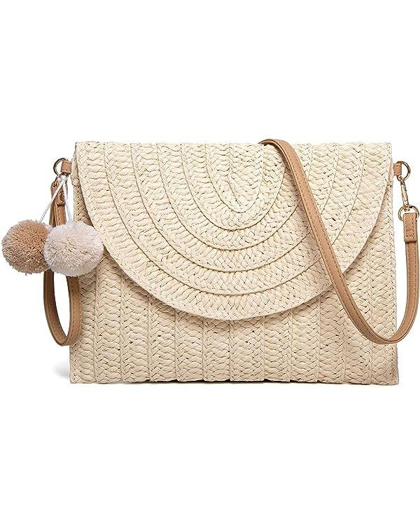 Straw Shoulder Bag Straw Clutch Women Hand-woven PomPom Straw Crossbody Bag Summer Beach Envelope... | Amazon (US)