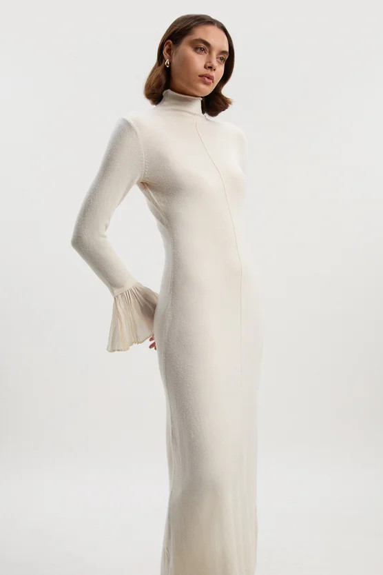 Petite Wool And Alpaca Blend Knit Pleated Silk Woven Cuffs Midi Dress | Karen Millen US