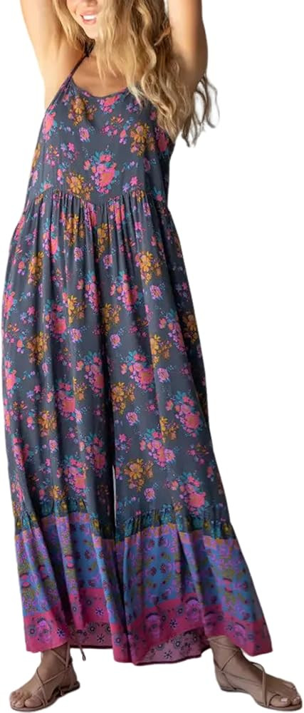 Himosyber Women's Summer Boho Jumpsuits Casual Wide Leg Bib Overalls Floral Print Rompers with Po... | Amazon (US)