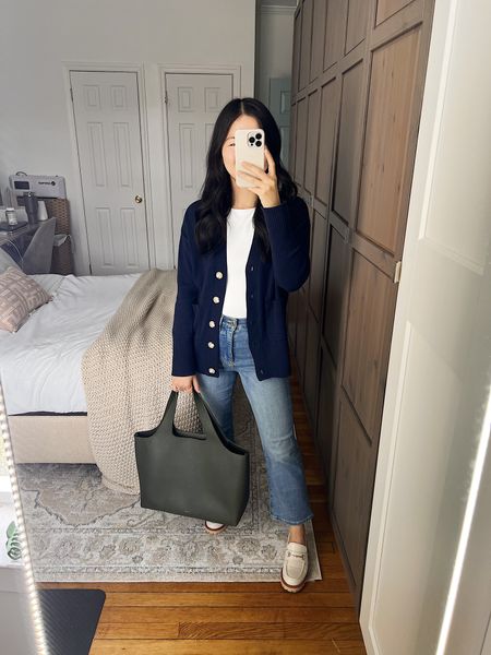 Navy cardigan (XS)
White seamless tank top (XS)
High waisted flare jeans (27P)
Kick crop jeans
Olive green tote bag
Cuyana System tote
White chunky loafers (TTS)
White lug sole loafers

#LTKfindsunder50 #LTKsalealert #LTKstyletip