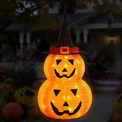 PLTCAT 3Ft Halloween Decoration Lights Outdoor/Indoor, Lighted Stacked Pumpkins with Witches Hat,... | Amazon (US)