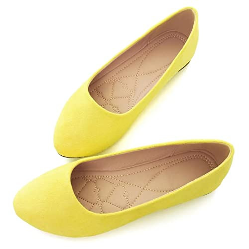 Stunner Upgrade Women Cute Slip On Ballet Shoes Classic Soft Solid Comfortable Pointed Toe Flats Yellow 38(6.5) | Amazon (US)
