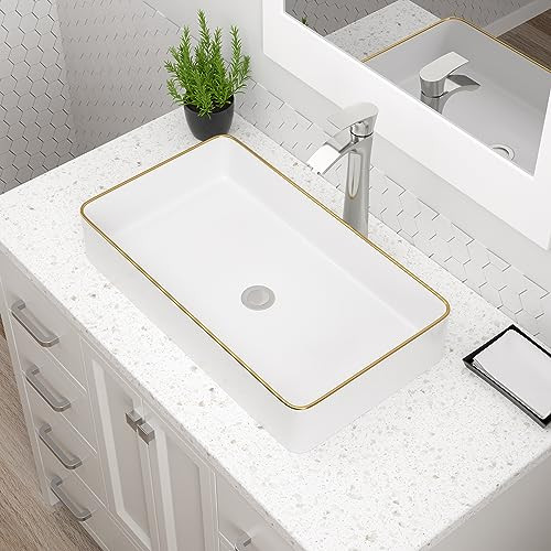 Dcolora Vessel Sink Rectangular 24"x14" White Vessel Sink with Glod Rim Ceramic Porcelain Rectang... | Amazon (US)