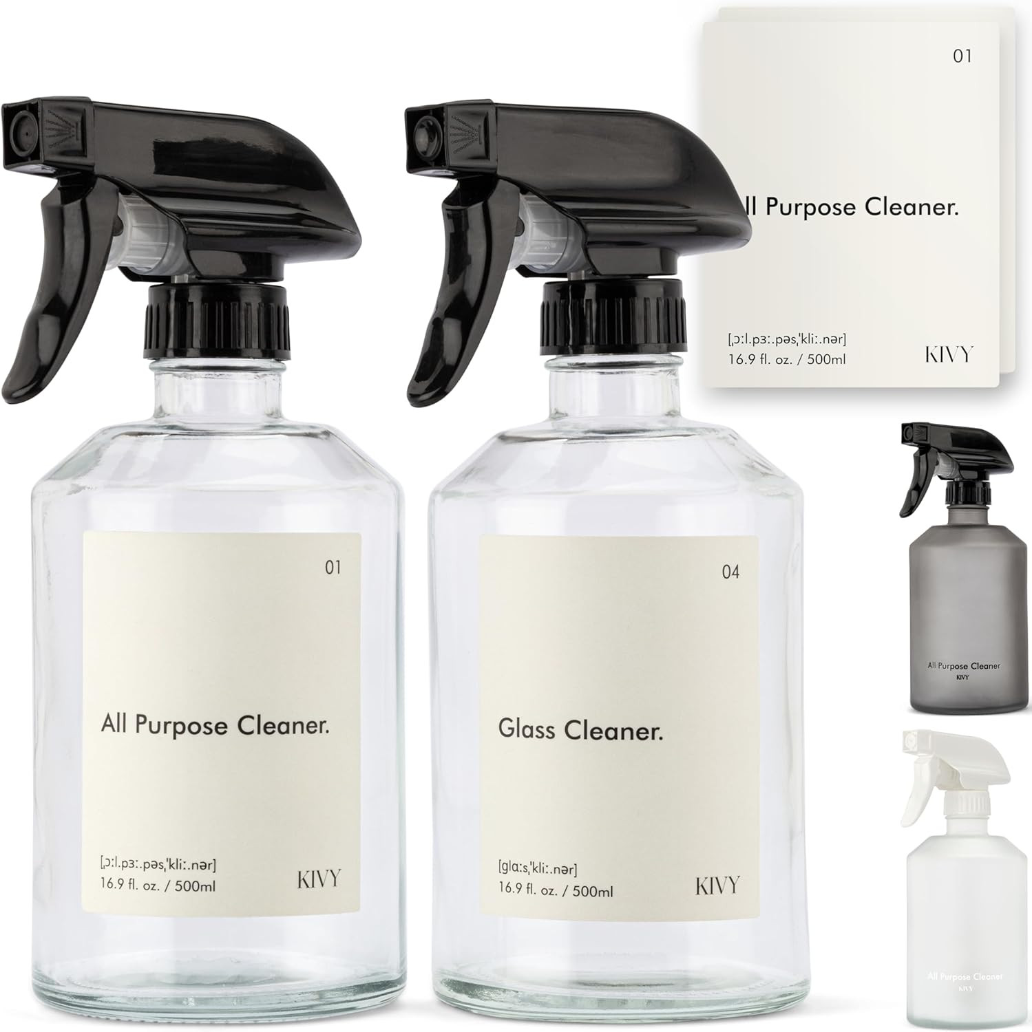 KIVY Botellas rociadoras de vidrio para limpieza + etiquetas, 2 botellas de aerosol vacías de 16... | Amazon (US)