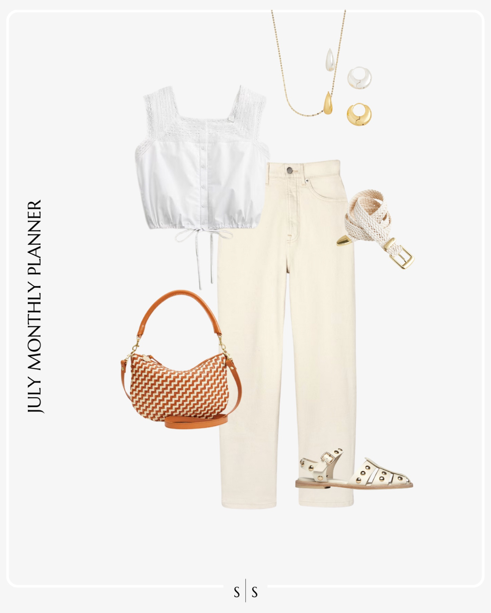 Monthly outfit planner JULY: Summer looks | cropped white blouse, white ecru denim, fisherman sandals, woven belt, petit moyen crossbody bag, Summer accessories 

Monochrome outfit idea

See the entire calendar on thesarahstories.com ✨ 


#LTKStyleTip