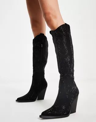 ASOS DESIGN Catapult heeled western knee boots in black rhinestones | ASOS (Global)