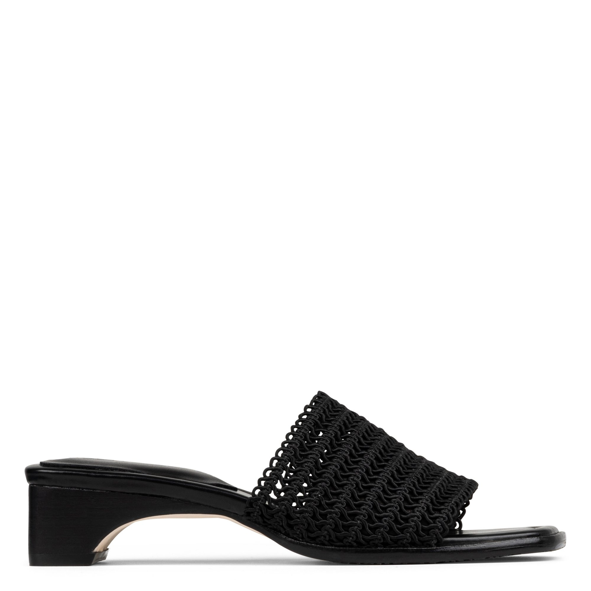 CLODIE Black Woven Macrame Heeled Slide Sandal | Donald Pliner at Donald Pliner | Donald Pliner