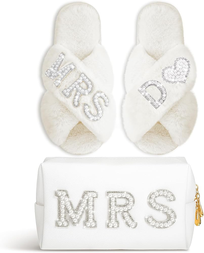 Xtinmee Personalized Initial Wedding Bride Slippers MRS Pearl Letter Makeup Bag Bridal Shower Gif... | Amazon (US)
