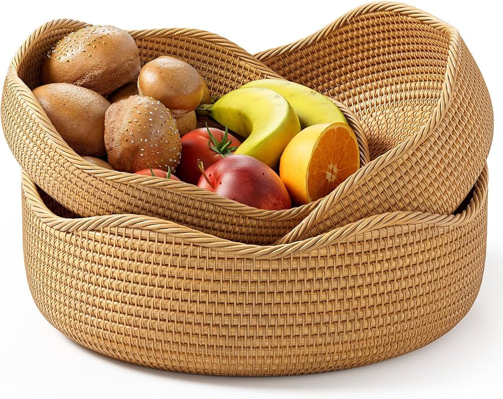Rattan Bread Basket, 3 Pack Hand Woven Round Fruit Baskets for Serving, Picnic Basket, Wicker Sto... | Amazon (US)