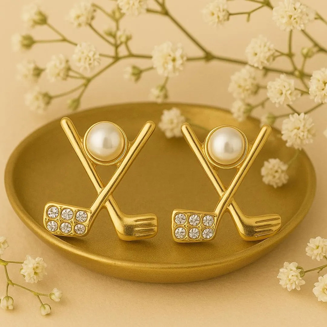 Gold Golf Stud Earrings – Pearl & Rhinestone Crossed Club Posts – Elegant 18K Non-Tarnish Gif... | Etsy (US)
