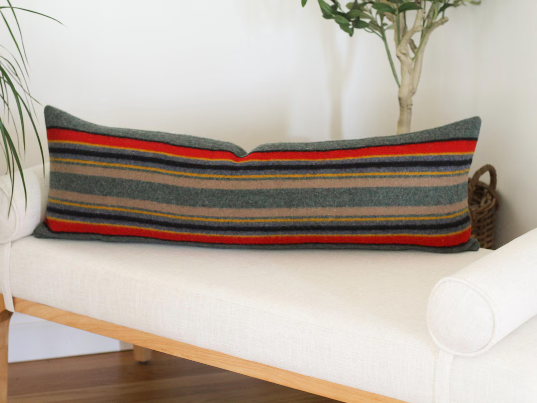 Yakima Camp Blanket Wool Long Lumbar Pillow Cover in Green Heather, Camp Stripe Pillow Cover (mad... | Etsy (US)