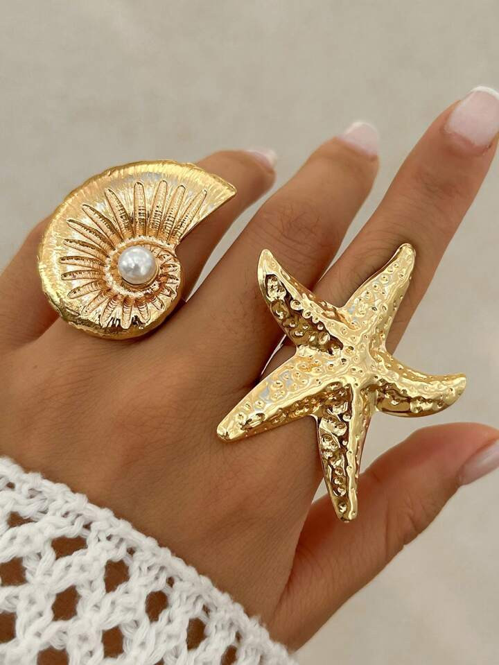 1pc Vintage Bohemian Style Metal Starfish & Seashell Ring, Thick Gold & Silver Plated Band, Perfe... | SHEIN