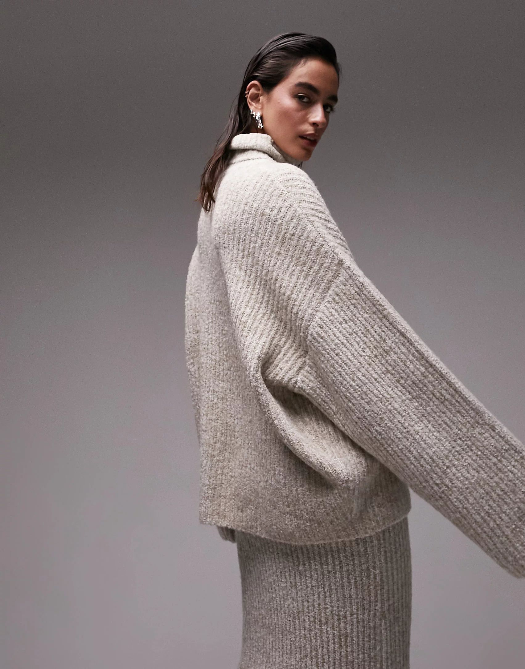 Topshop premium knitted plated boucle wide sleeve roll neck jumper in oat | ASOS (Global)