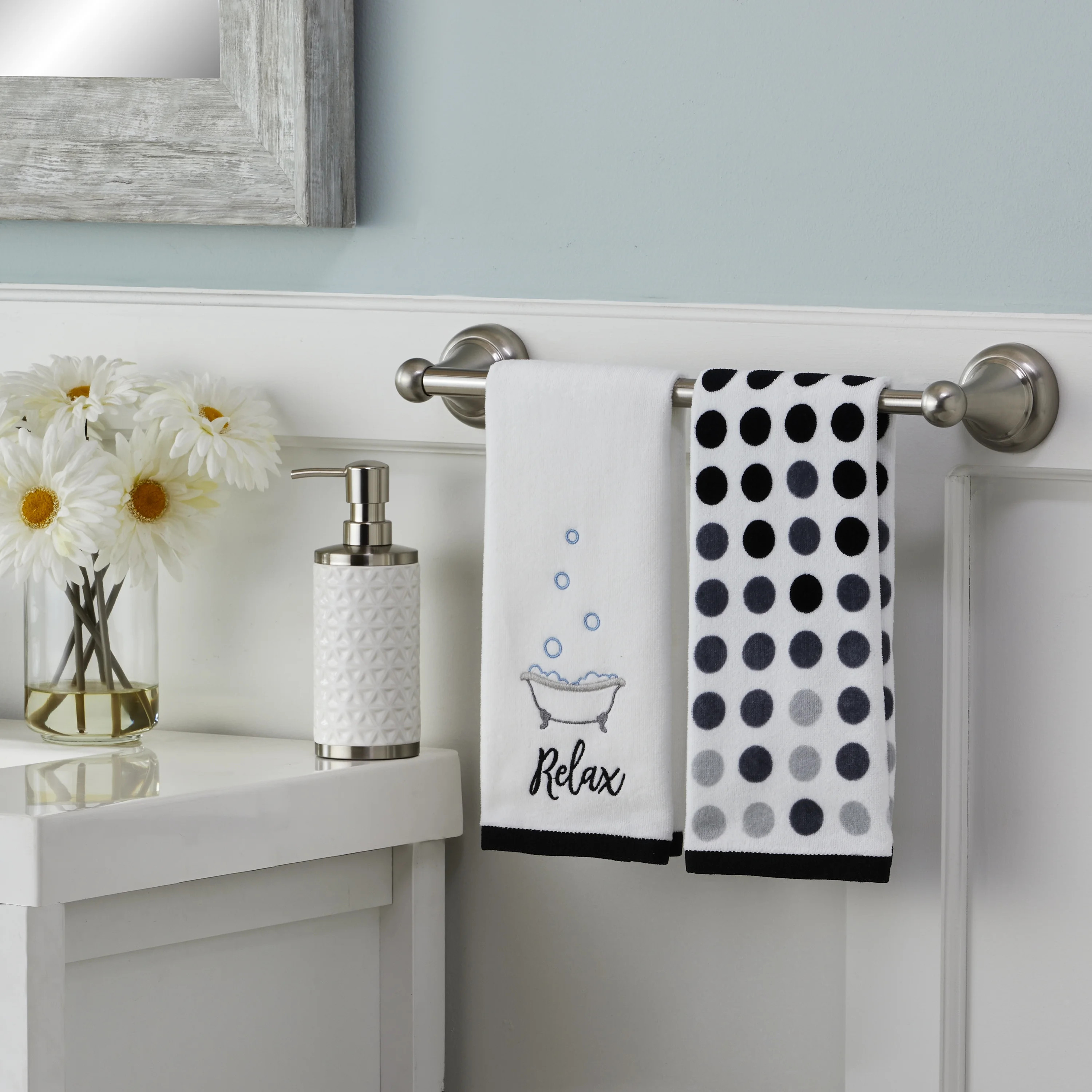 Mainstays 2 Piece Cotton Hand Towel Set, Relax, White, Black, Grey | Walmart (US)