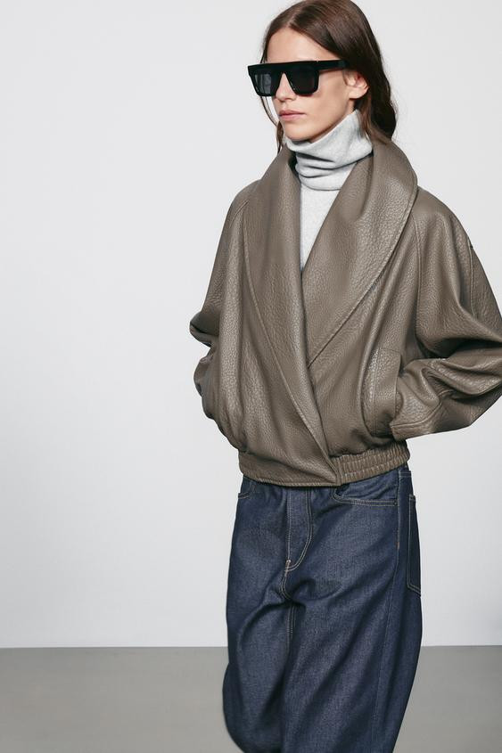 Zara - Zw Collection Leather Effect Double-Breasted Jacket - Grey - L - Woman | Zara UK