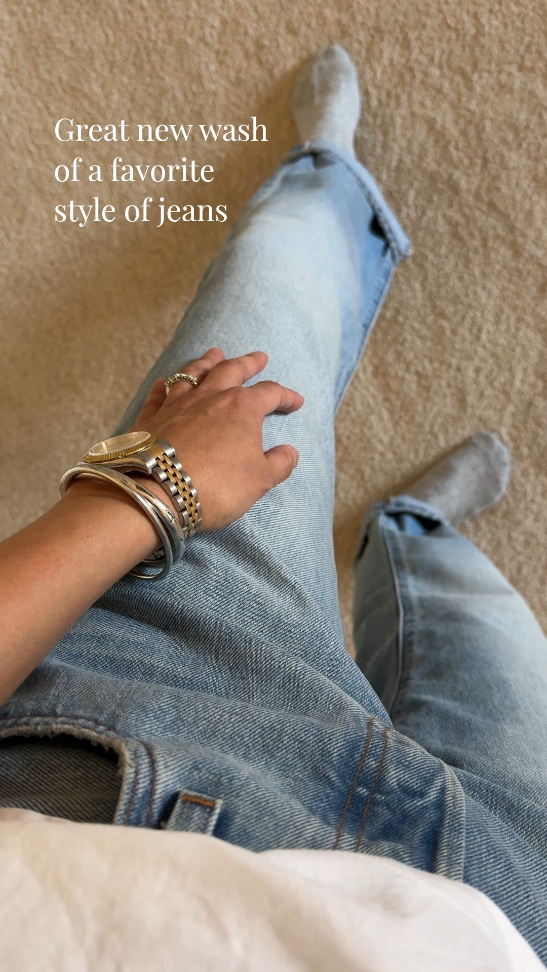 Spring outfit  Jeans currently on sale. A favorite classic straight leg style of jeans. Really good quality all cotton denim material. 
New wash is great. 
I size up for a loose fit and take the 30 in length at about 5’4. 
White t-shirt- also a favorite. I wear true to size and a size up. All cotton and great quality. 
Bangle bracelets are good everyday jewelry pieces. 


#LTKOver40 #LTKootd #LTKSaleAlert