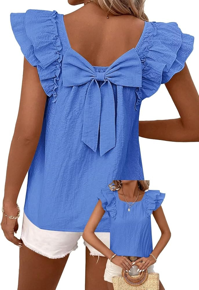Womens Bow Tie Back Tops Round Neck Ruffle Short Sleeve Shirts Cute Babydoll Chiffon Tee Women Su... | Amazon (US)