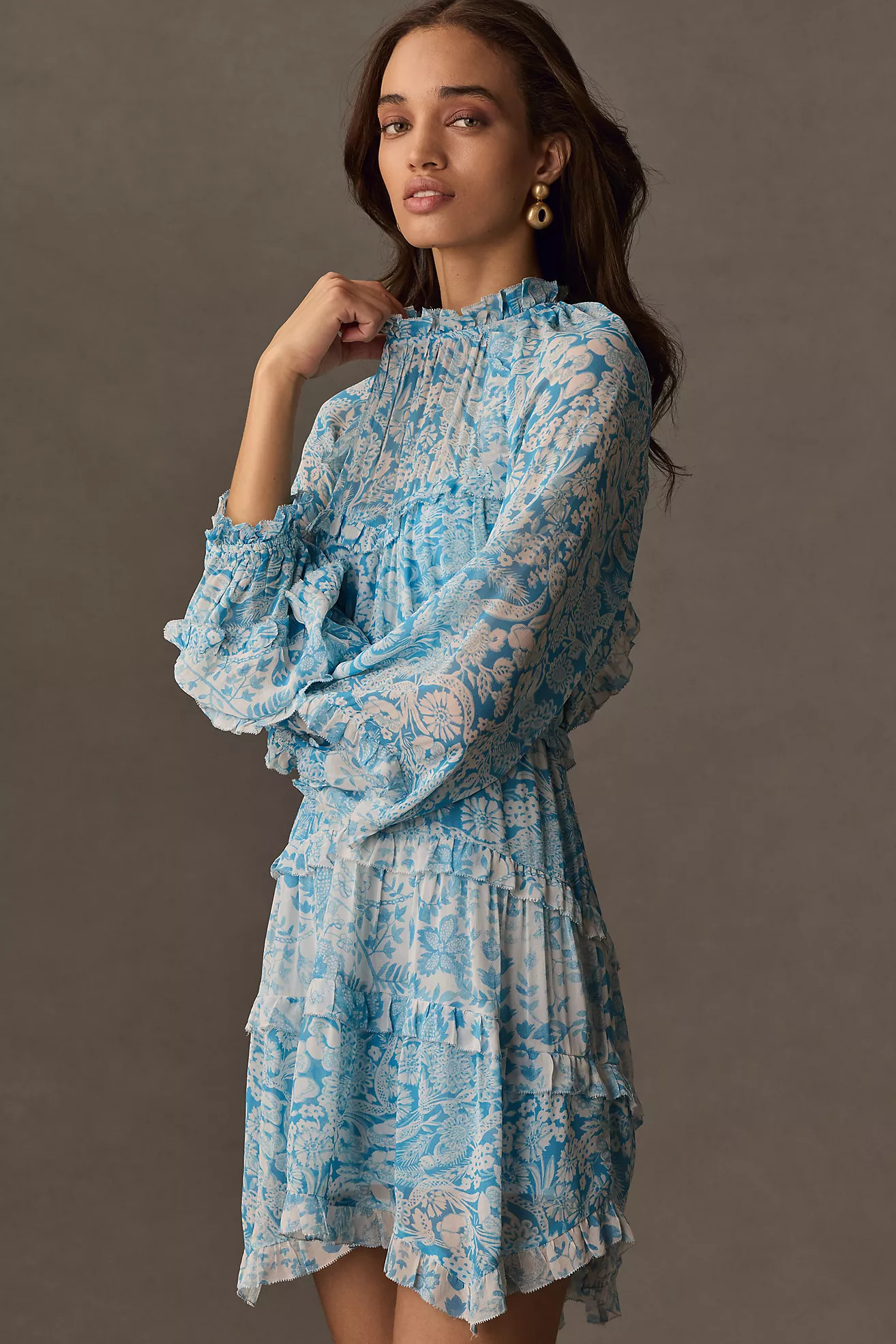 By Anthropologie Long-Sleeve Backless Sheer Ruffle Mini Dress | Anthropologie (US)