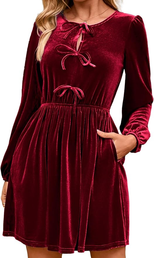 Simplee Womens Fall Velvet Dress Long Sleeve Bow Tie Front Babydoll A Line Cocktail Party Christm... | Amazon (US)