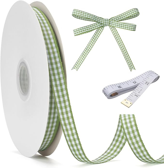 Moss Green and White Gingham Ribbon, 3/8" x 50 Yd Roll Picnic Craft Green Buffalo Ribbon 100% Pol... | Amazon (US)