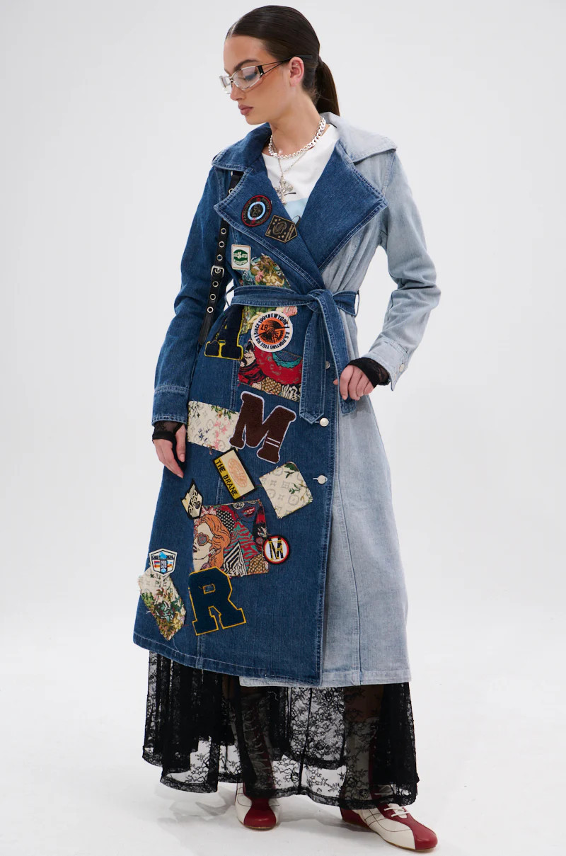 AKIRA Mila Patch Denim Trench Coat | Size Medium | AKIRA