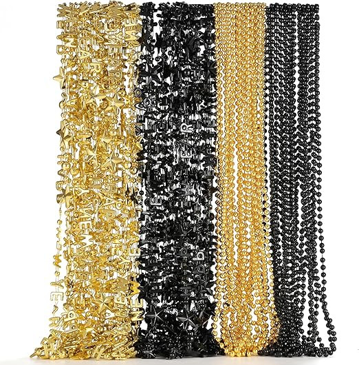 Happy New Year Necklaces 48 Pack - 2026 Gold Black Mardi Gras Beads for New Years Eve Party Suppl... | Amazon (US)