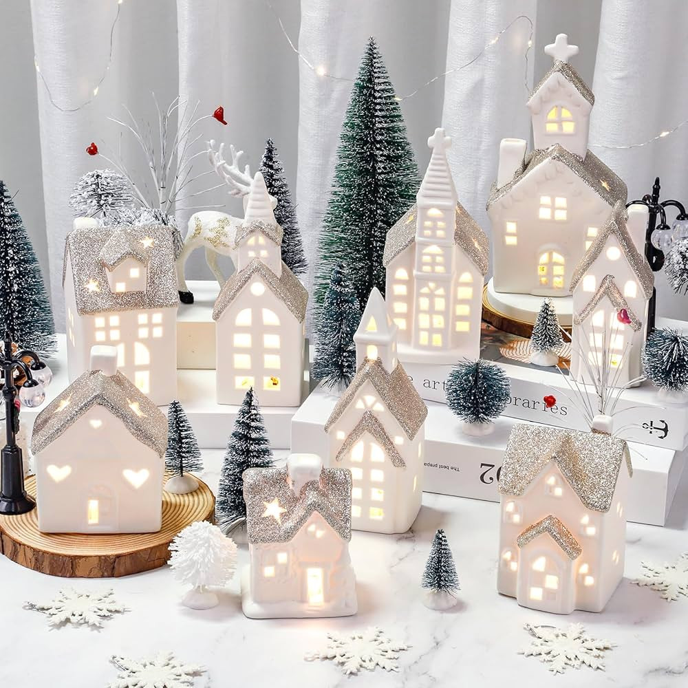 Set of 28 Ceramic Christmas Village Sets 9 Pieces White Christmas House with 17 Pieces Snow Tree ... | Amazon (US)